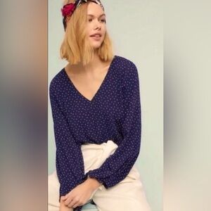 Anthropologie Maeve Pernille Blue Polka Long Sleeve Tie Blouse, Size Small